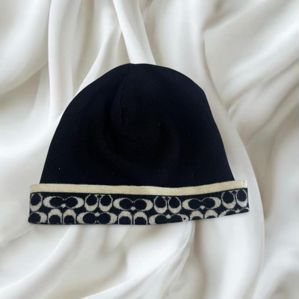 Coach‎ beanie black merino wool signature monogram fold over y2k vintage